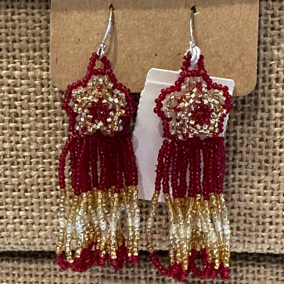 NWT Gorgeous Seed Bead Earrings by Neiman Marcus, flower w/ dangles red & gold - Picture 4 of 9